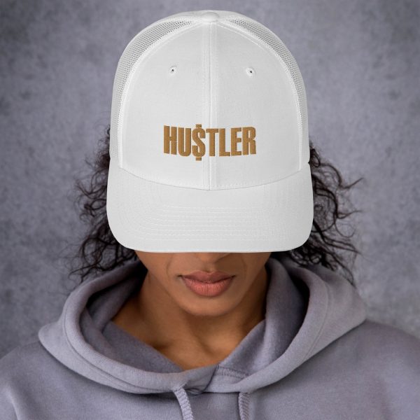 Girl Wearing White Red Gold Hustler Hat