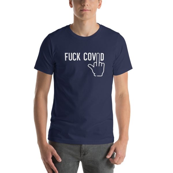 Mean wearing COVID Navy T-Shirt