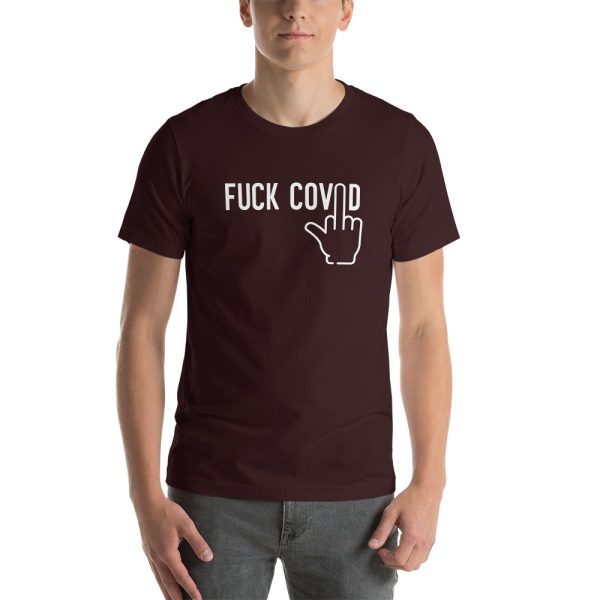Mean wearing COVID Oxblood Black T-Shirt