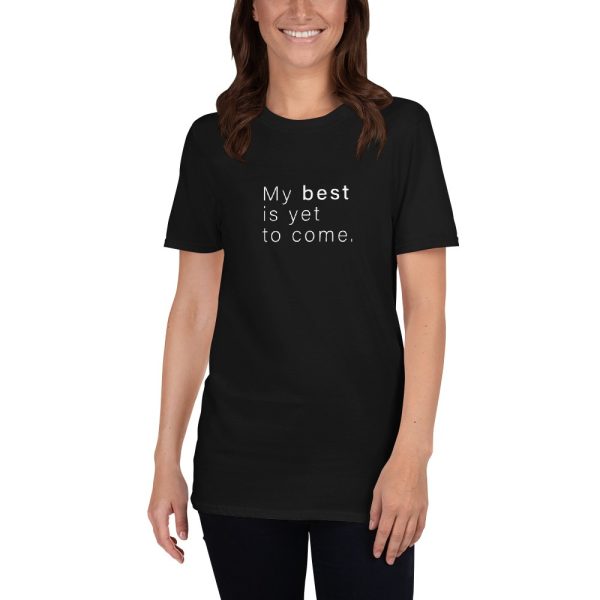 Girl wearing My best is yet to come positive shop for vibes quote t-shirt