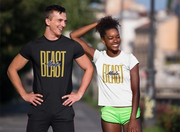 Couple working out in their beast mode t-shirts