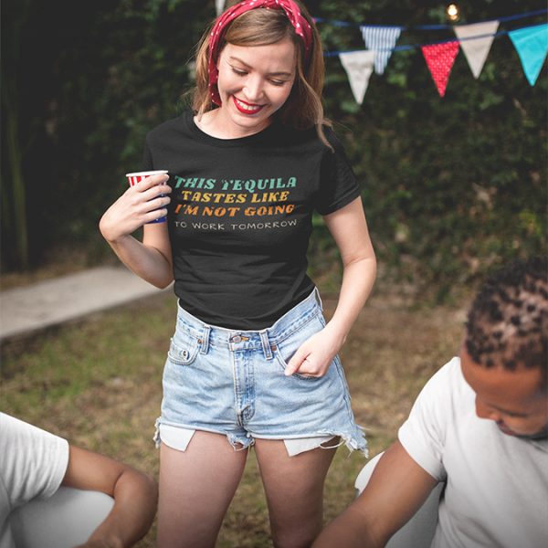 Trending good vibes - Tips to killing a hangover - smiling blonde girl and her friend wearing a tequila t-shirt and drinking on 4th of july bbq party