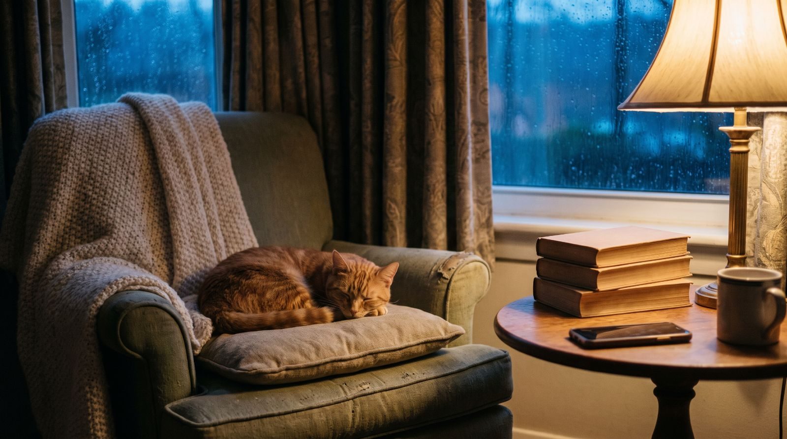 Cozy reading chair by a rainy window with a sleeping cat, blanket, books and a phone face down — an introvert’s perfect night in
