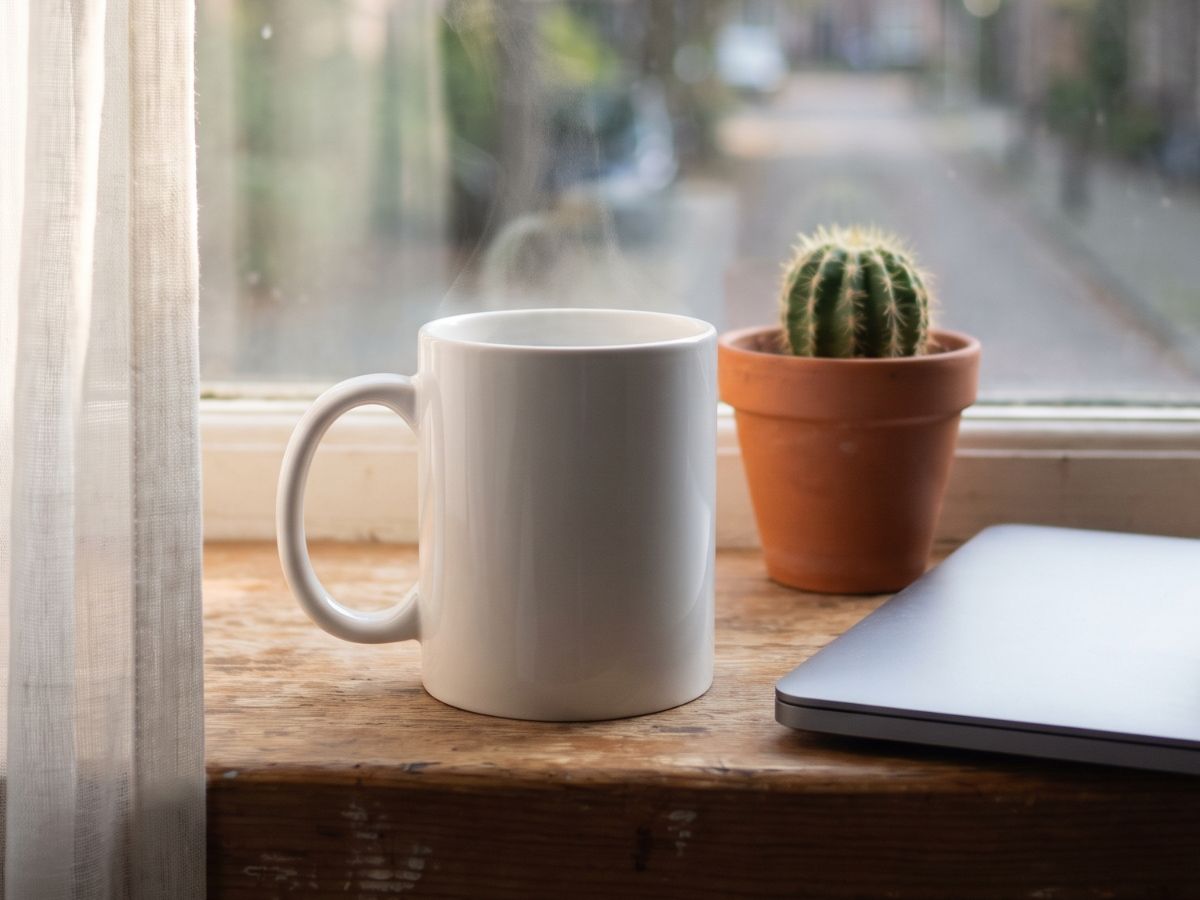 Plain white coffee mug and a small cactus on a sunny windowsill — a quiet morning at home