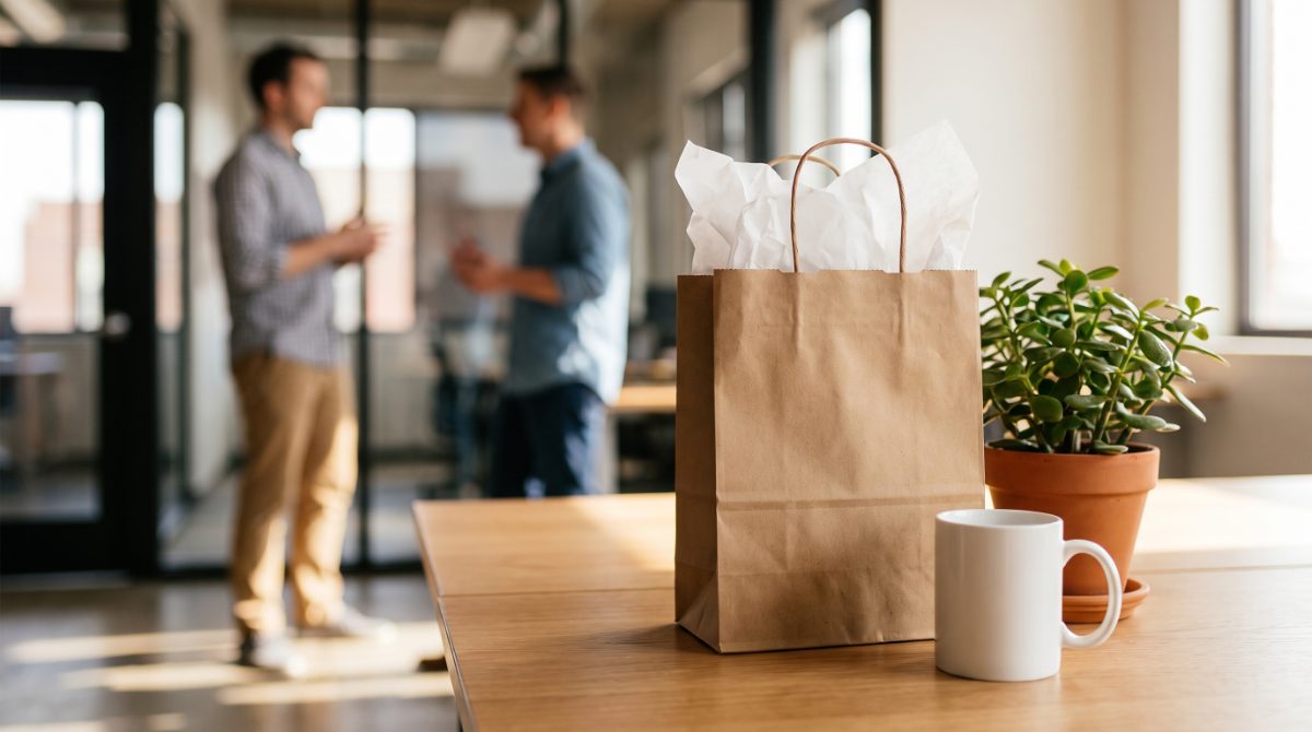 Kraft gift bag and plain white mug left on a manager’s desk with coworkers chatting in the background