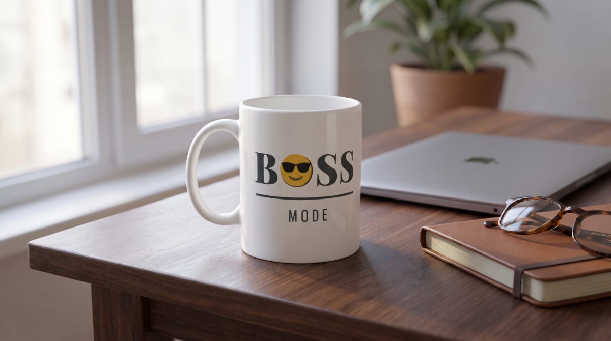 BOSS Mode coffee mug on a walnut desk beside a laptop, leather notebook and reading glasses