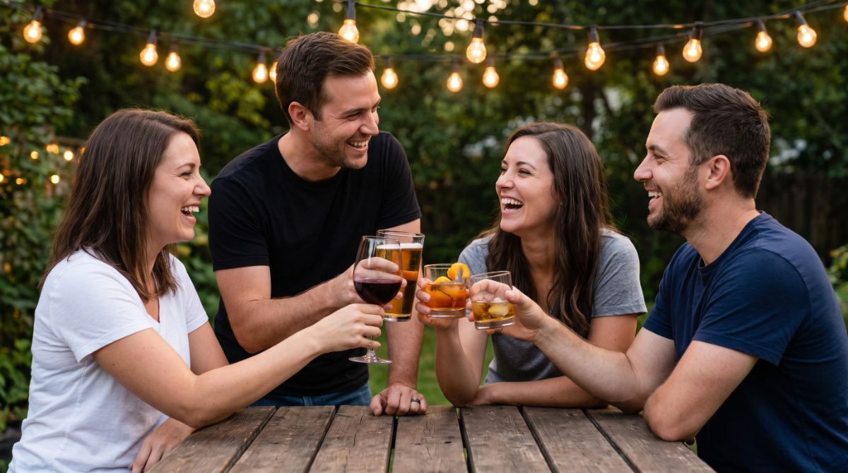 Four friends in plain t-shirts toasting with beer, wine and cocktails at a backyard patio table under string lights