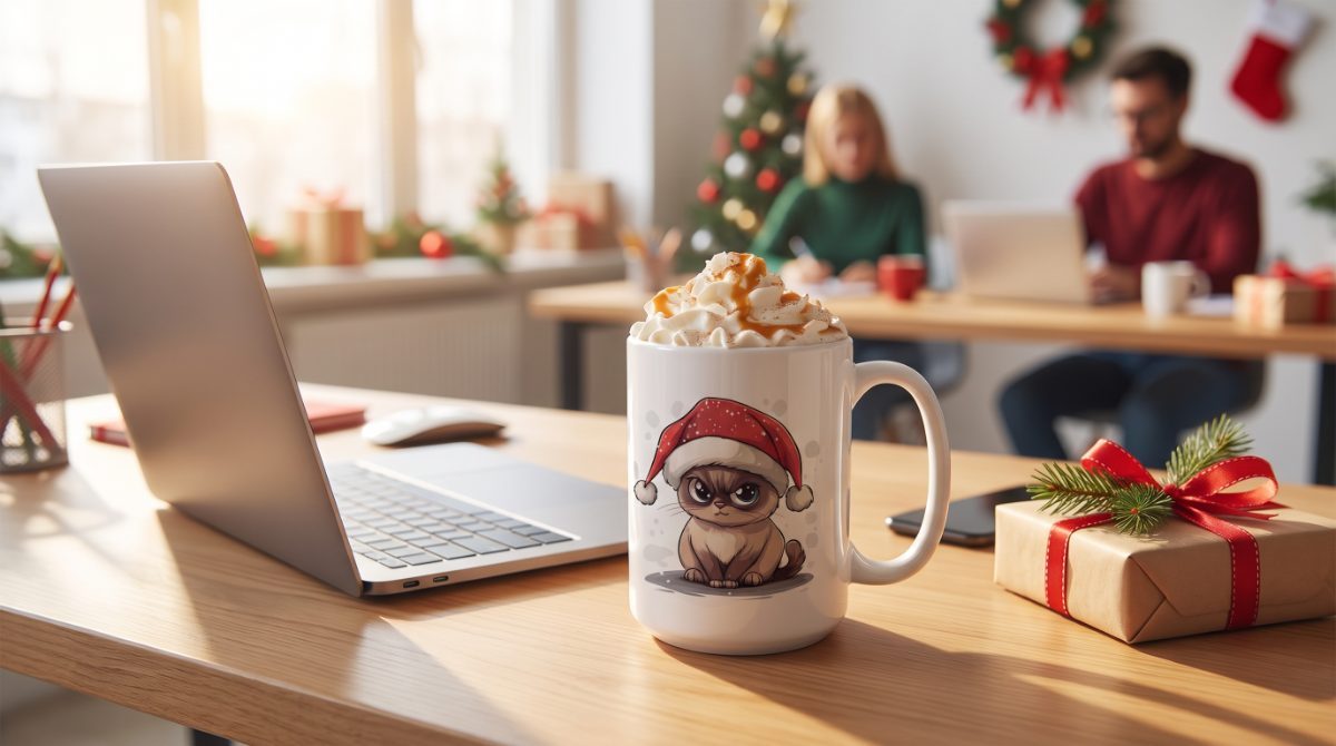 Grumpy Christmas Cat Mug topped with whipped cream on an office desk beside a laptop and a wrapped gift