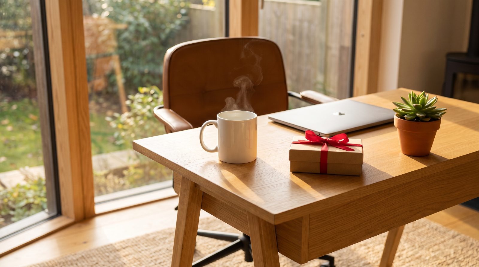 Plain white coffee mug and a small wrapped gift on a sunny office desk beside a laptop and succulent