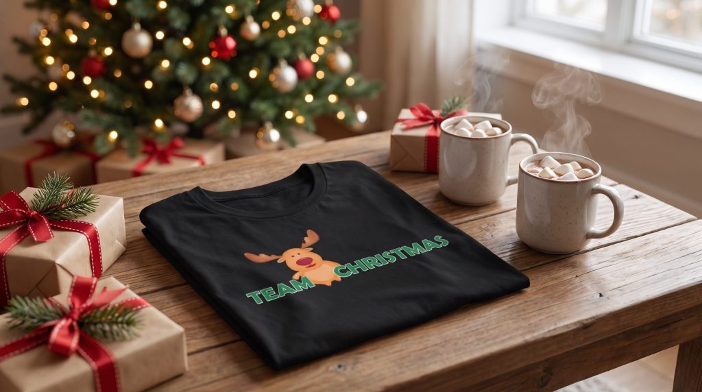 Team Christmas reindeer t-shirt folded on a wooden coffee table with hot cocoa, wrapped presents and Christmas tree lights