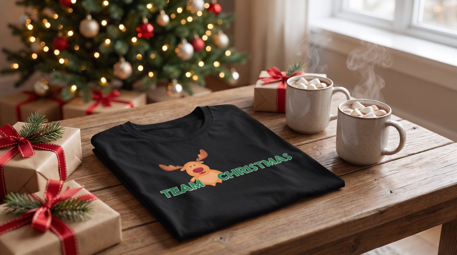 Team Christmas reindeer t-shirt folded on a wooden coffee table with hot cocoa, wrapped presents and Christmas tree lights