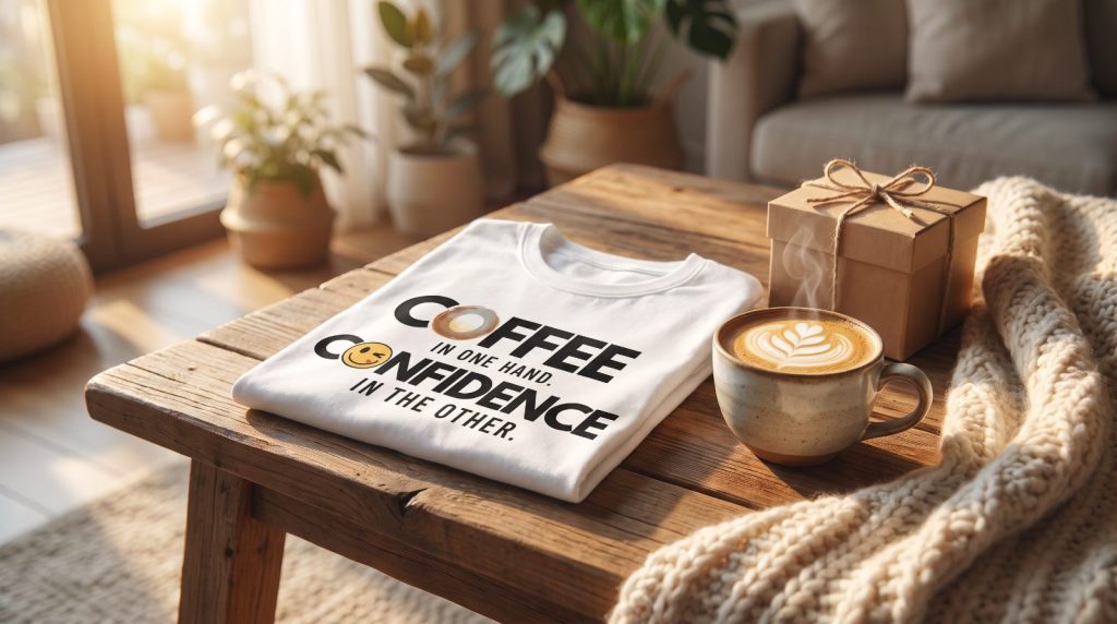 Coffee In One Hand, Confidence In The Other t-shirt folded on a coffee table next to a latte and a wrapped gift