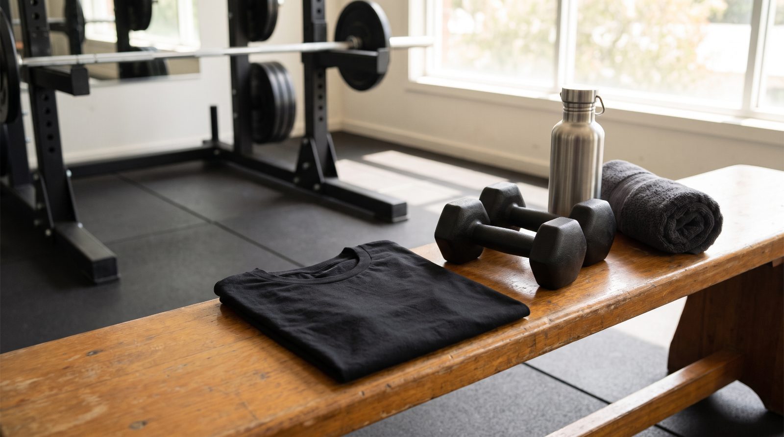 Plain black t-shirt folded on a wooden gym bench beside dumbbells, a steel water bottle and a rolled towel