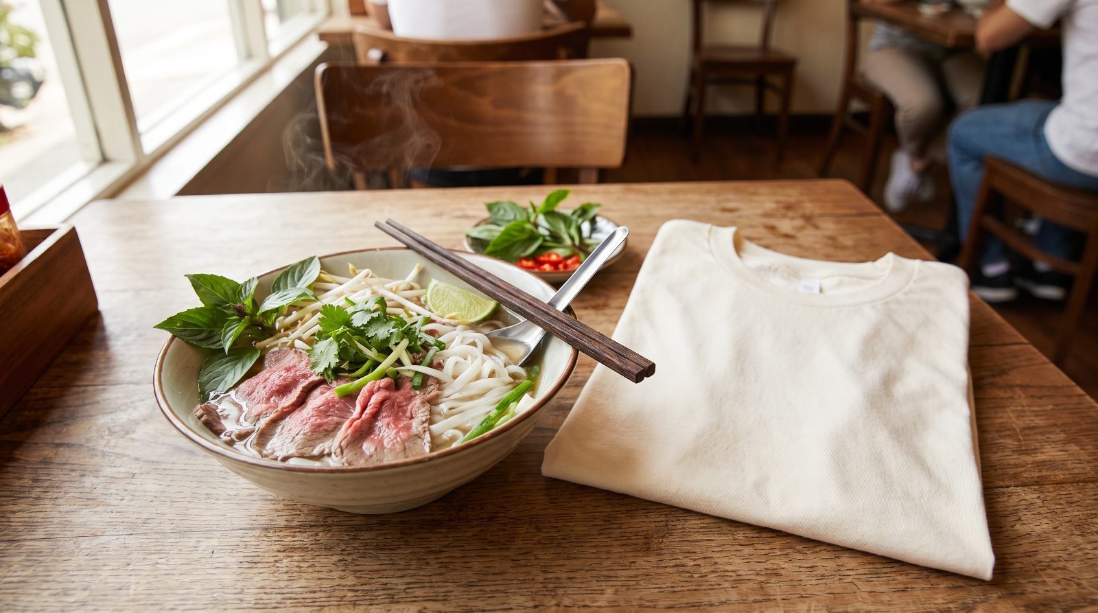 A steaming bowl of beef pho with fresh herbs and lime beside a plain folded cream t-shirt on a wooden restaurant table