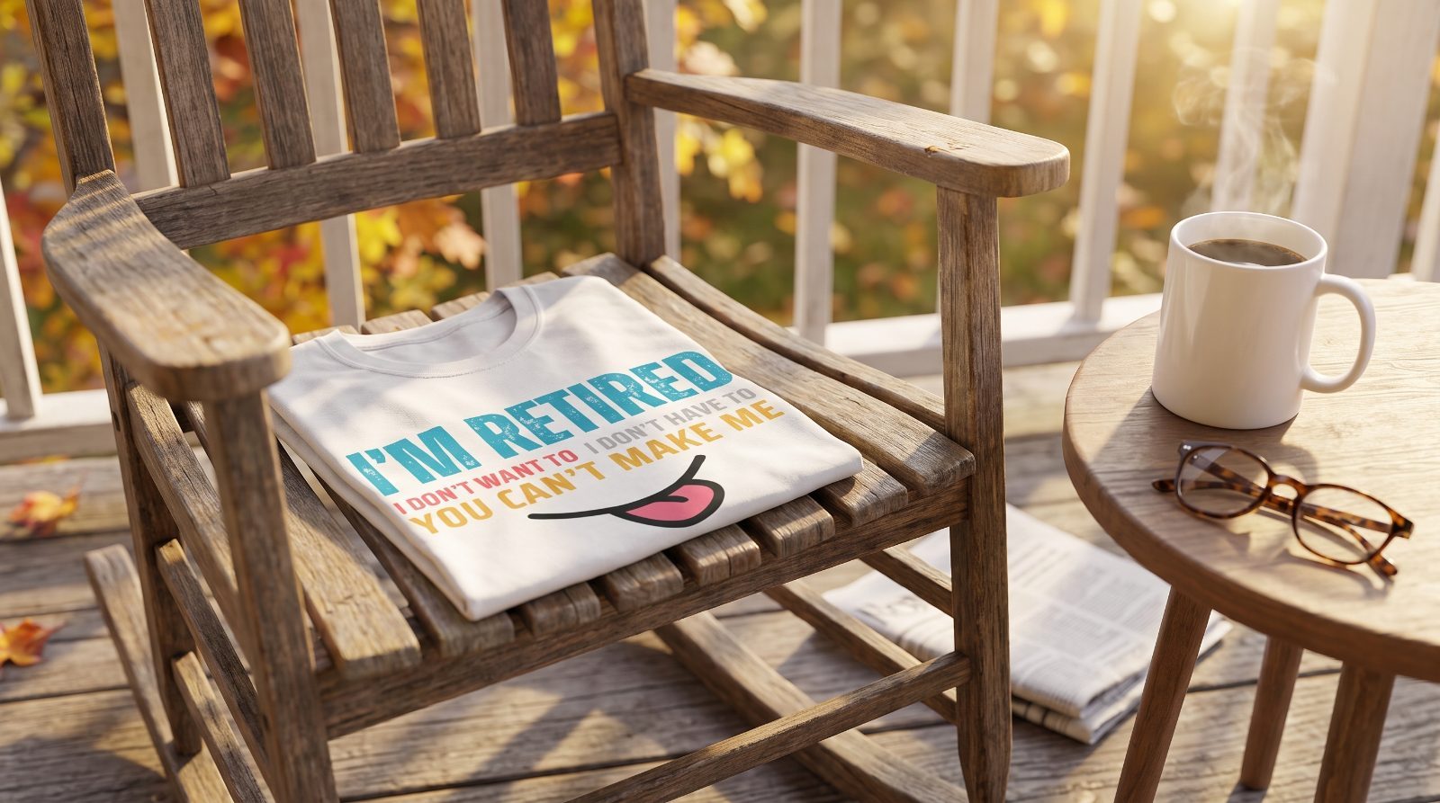 I'm Retired t-shirt folded on a porch rocking chair next to a mug of coffee and reading glasses