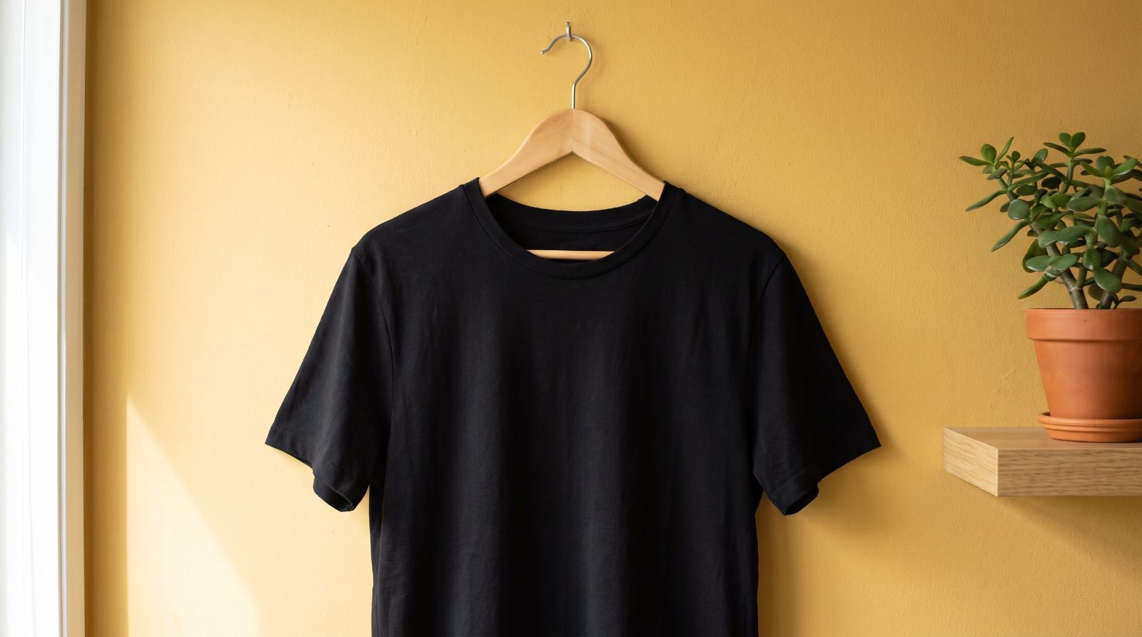 Plain black t-shirt on a wooden hanger against a mustard-yellow wall beside a small potted plant