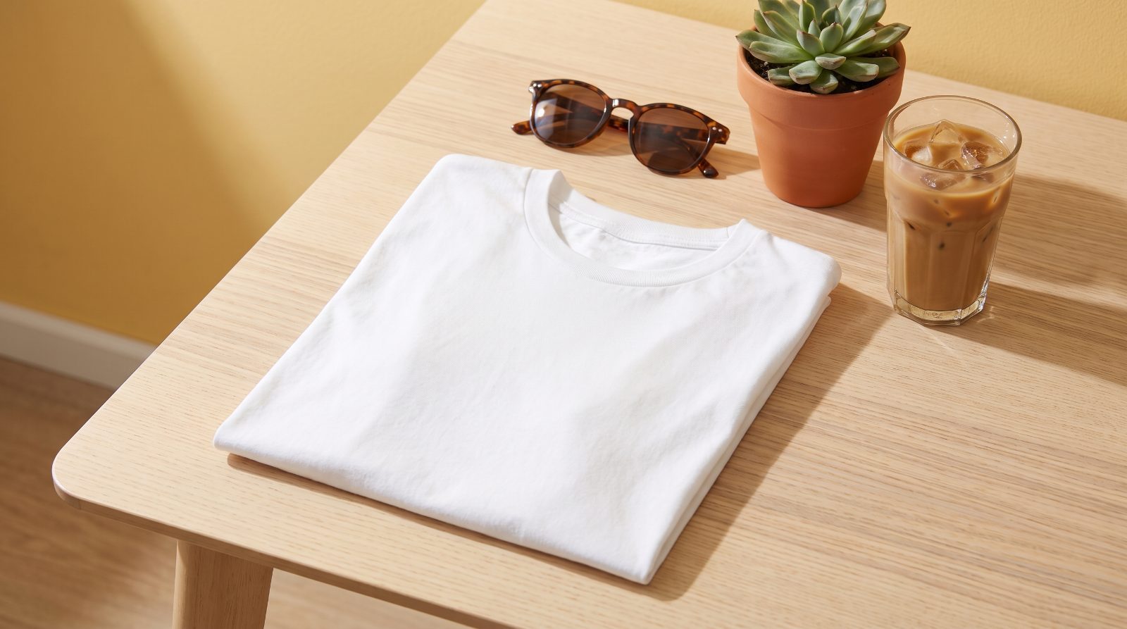 Plain white t-shirt folded on a sunny wooden table beside sunglasses, a succulent and an iced coffee