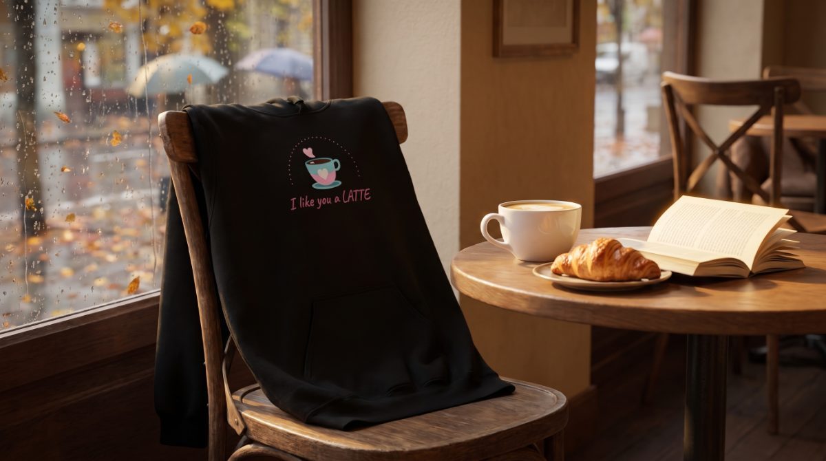 I Like You a Latte hoodie draped over a cafe chair next to a latte on a rainy autumn day