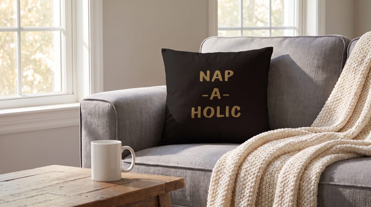 Nap-A-Holic pillow on a grey sofa with a knit blanket and a coffee mug