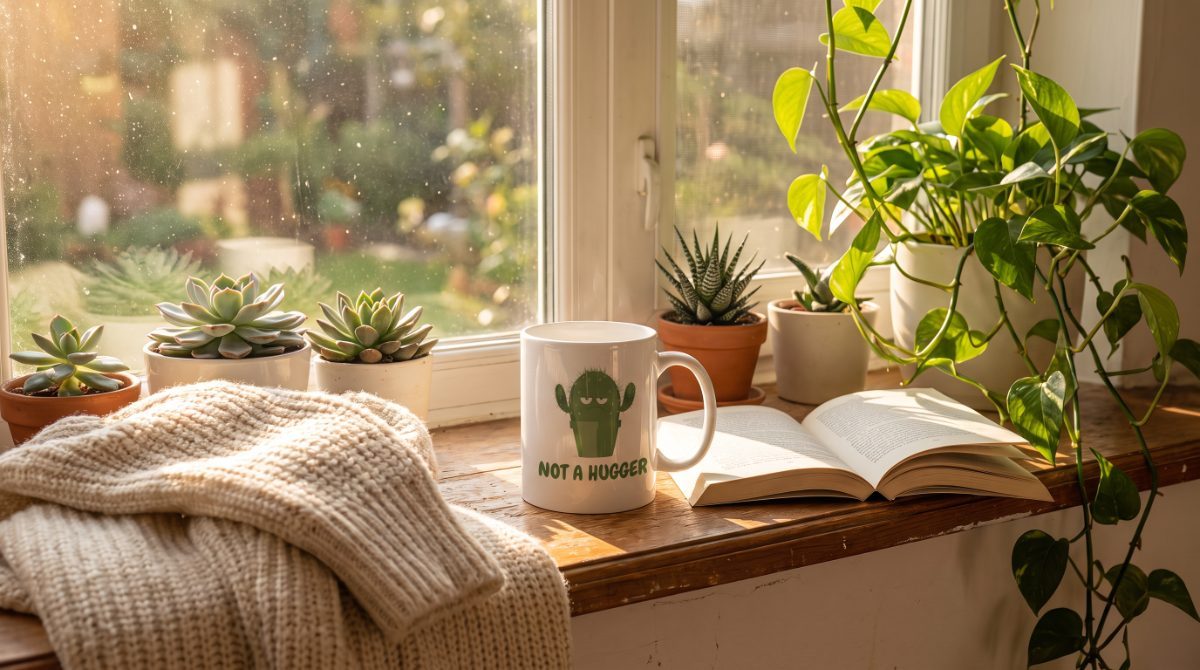 Not a Hugger cactus mug on a sunny windowsill with succulents and an open book