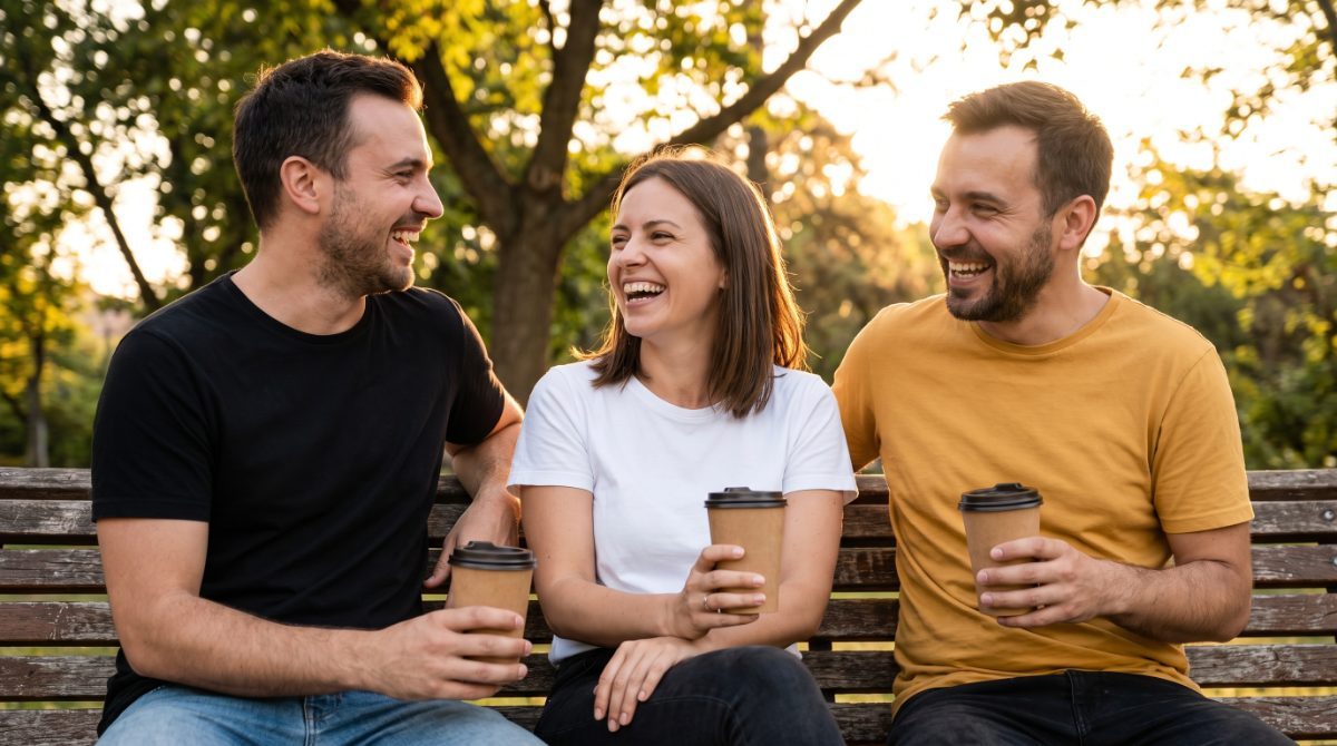 Three friends in plain t-shirts laughing on a park bench with takeaway coffees at golden hour