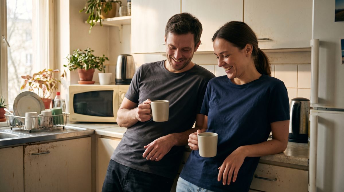 Two coworkers in plain t-shirts laughing with coffee mugs in an office kitchen