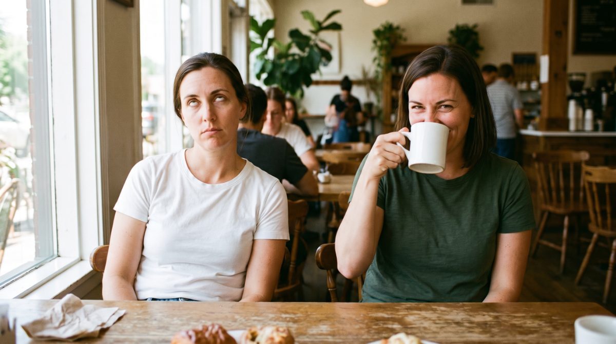 Two friends in plain t-shirts at a cafe table, one rolling her eyes while the other smirks over a white coffee cup
