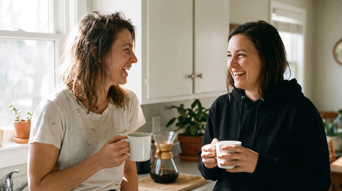 Two friends in a plain t-shirt and a black hoodie laughing over plain white coffee mugs in a sunny kitchen